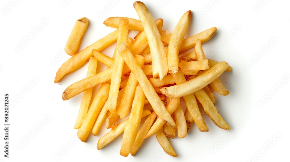 A top view of French Fries isolated white background, studio light for focused advertising A top view of French Fries isolated white background, studio light for focused advertising
