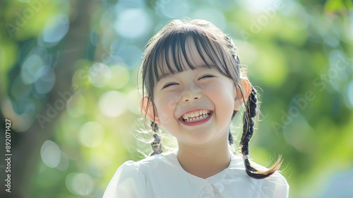 Fototapeta Naklejka Na Ścianę i Meble -  緑の中で笑う女の子　キッズ　子供　Generative AI