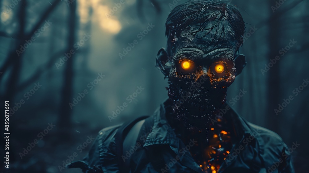 Creepy zombies with glowing eyes in a foggy forest create a scary atmosphere Creepy zombies with glowing eyes in a foggy forest create a scary atmosphere