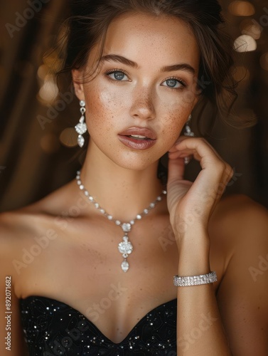 A woman wearing a sparkling necklace, bracelet, and earrings. Her makeup is flawless and she has a soft smile.