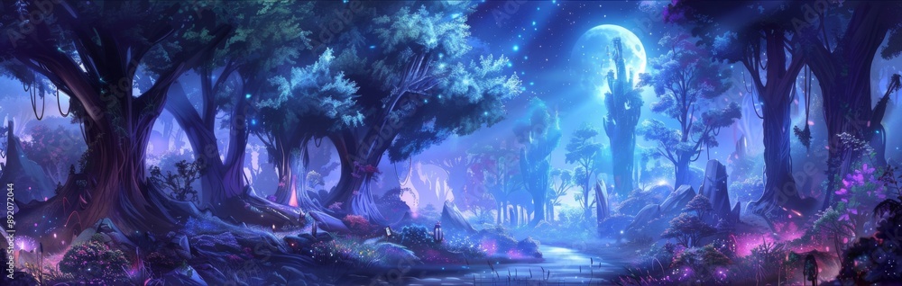 Obraz premium Enchanted Twilight Anime Forest: A Mystical Anime-Themed Woodscape at Dusk, Inviting Exploration and Wonder.