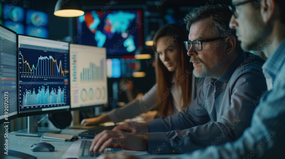 Finance Team Analyzing Data with Financial Reports, Charts, and Graphs for Business Strategy and Planning Finance Team Analyzing Data with Financial Reports, Charts, and Graphs for Business Strategy and Planning