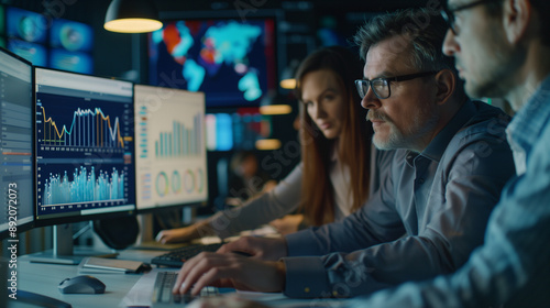 Finance Team Analyzing Data with Financial Reports, Charts, and Graphs for Business Strategy and Planning