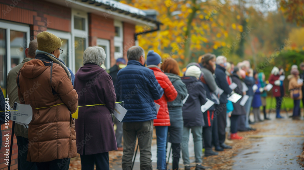Obraz premium Voters Waiting in Long Line Outside Polling Station on Election Day in USA Showing Democracy in Action