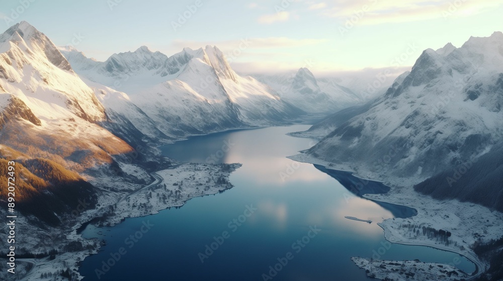 Obraz premium Snow-covered mountains majestically reflecting on a tranquil lake at sunset, serene and picturesque landscape with ample copy space, perfect for nature, travel, and scenic photography themes.