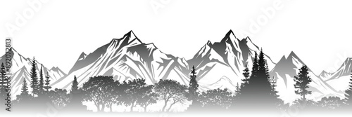 Silhouette mountain range and forest isolated on white background, seamless border, vector design	