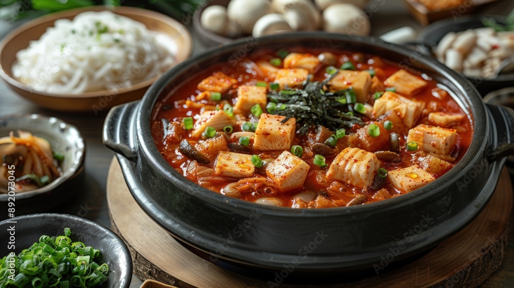 A bowl of Korean kimchi J Reloaded, which is a red colored braised fish with vegetables. A bowl of Korean kimchi J Reloaded, which is a red colored braised fish with vegetables.