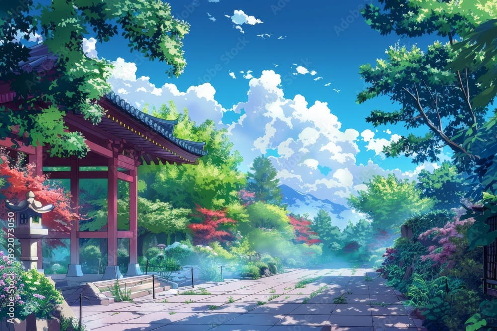 Fototapeta premium Anime Park Fantasy: A Stylized Background Celebrating the Whimsical World of Animated Amusement.