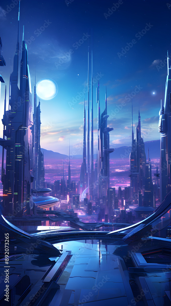 Obraz premium Futuristic Metropolis: A Dusk Cityscape in CG Motion Graphics