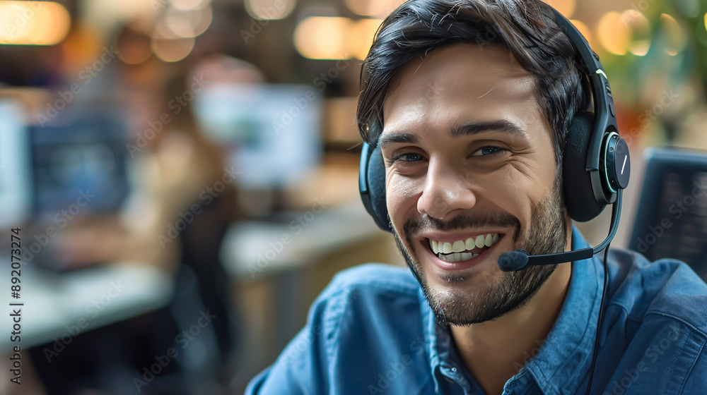 Smiling customer support operator with a hands-free headset, working in an office setting, assisting customers with inquiries and support services. Smiling customer support operator with a hands-free headset, working in an office setting, assisting customers with inquiries and support services.