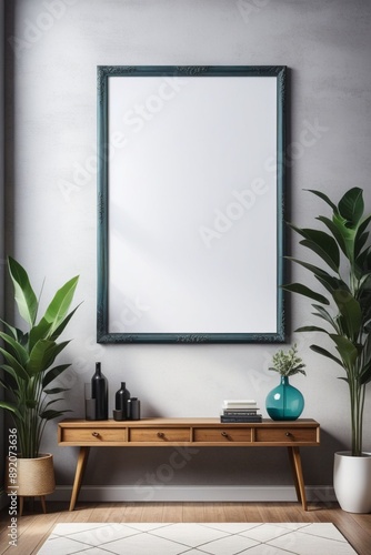 A blank photo frame on a painted wall for mockup design