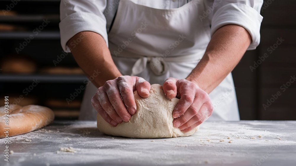 Baker Kneading Dough: A close-up of a baker's hands kneading dough, showcasing the artistry and precision of breadmaking. The image evokes a sense of warmth, tradition, and the simple pleasures of hom Baker Kneading Dough: A close-up of a baker's hands kneading dough, showcasing the artistry and precision of breadmaking. The image evokes a sense of warmth, tradition, and the simple pleasures of hom