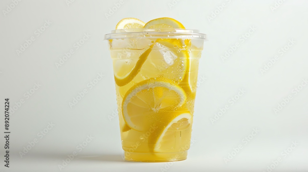 Clear plastic cup filled with Lemonade and a lid, isolated white background, studio light for focused advertising Clear plastic cup filled with Lemonade and a lid, isolated white background, studio light for focused advertising