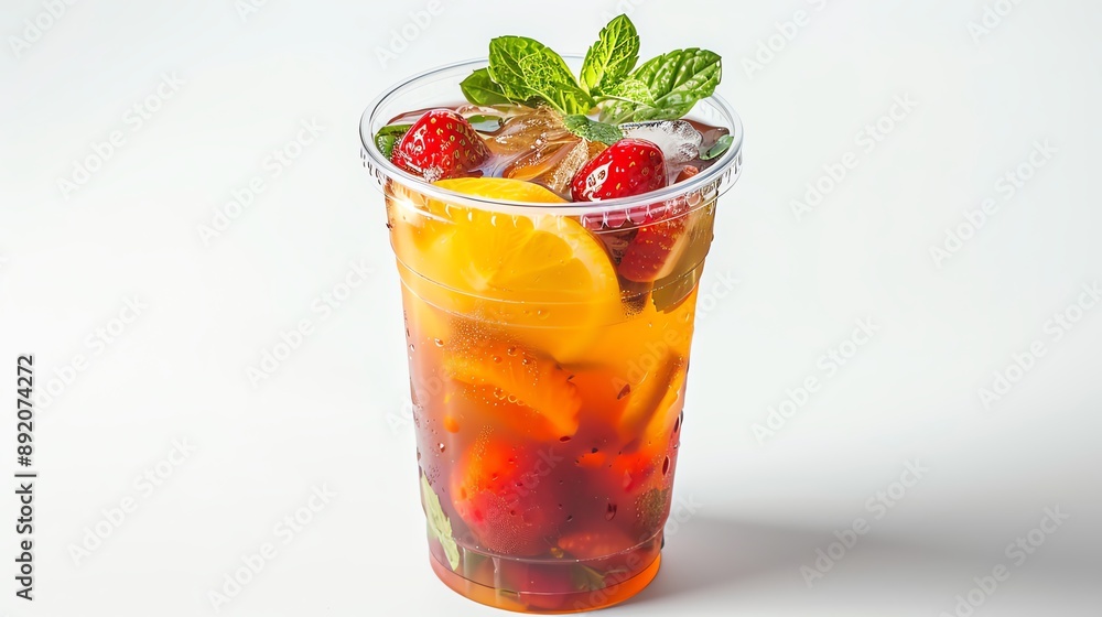 Clear plastic cup filled with Iced Fruit Tea and a lid, isolated white background, studio light for focused advertising Clear plastic cup filled with Iced Fruit Tea and a lid, isolated white background, studio light for focused advertising
