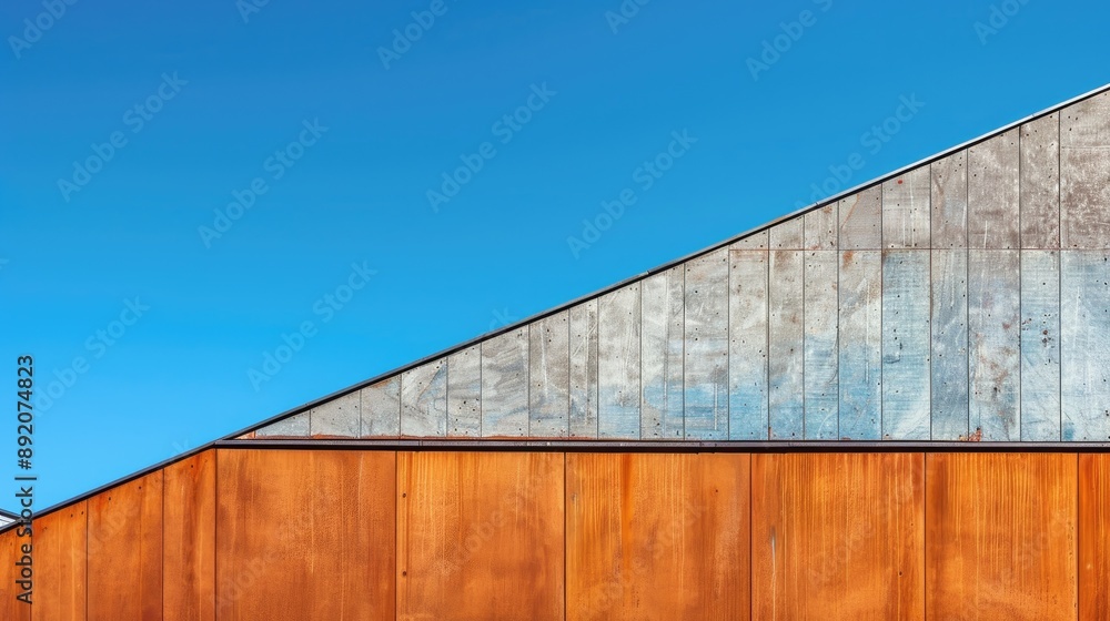 Obraz premium Abstract photo of blue sky weathered corten steel and wooden wall in triangles Anonymous architecture in vertical shot with space for text