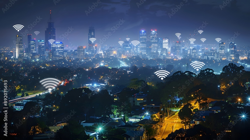 Modern city with wireless network connection and city scape concept.Wireless network and Connection technology concept with city background at night. Modern city with wireless network connection and city scape concept.Wireless network and Connection technology concept with city background at night.