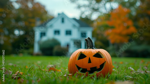 Halloween background with Evil Pumpkin. Spooky scary day time, blur hunted house in background 