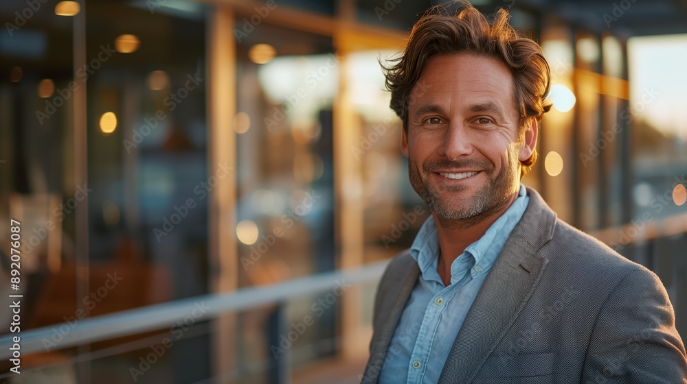 Obraz premium A handsome man standing on an office balcony during sunset.