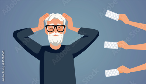 Old Man Having a Headache Receiving Medication vector Illustration. Senior grandpa taking medical treatment for a headache 
