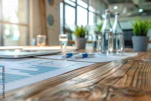 A wooden conference table set for a meeting with water bottles, charts, pens, and a laptop.