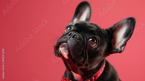 Close-Up Of French Bulldog Wearing Bowtie Against Red Background