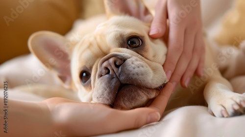Close-Up of French Bulldog Being Pampered and Comforted
