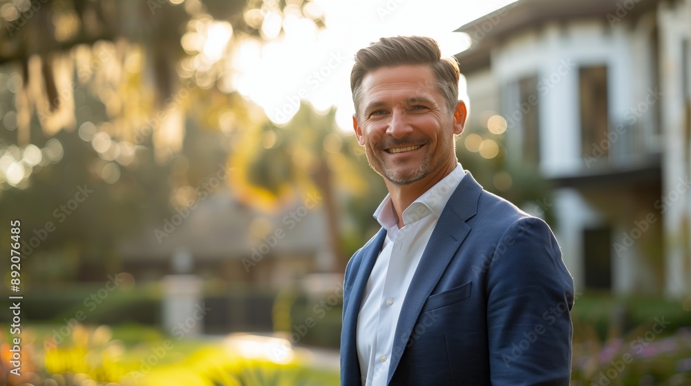 portrait of a smiling real estate agent standing in front of his luxury house portrait of a smiling real estate agent standing in front of his luxury house