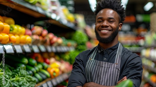 Portrait of a young African American supermarket worker standing in front of shelves with fresh vegetables and fruits at the grocery store