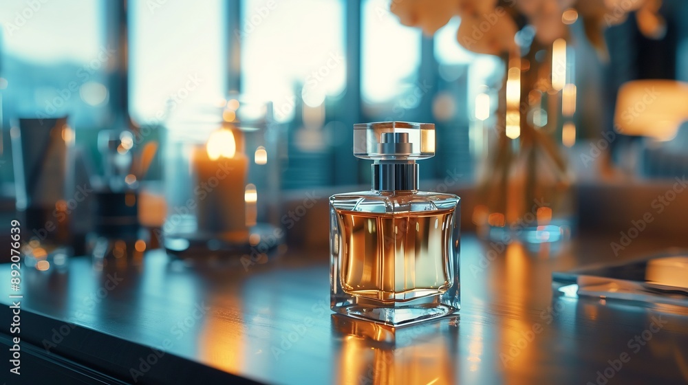 Beautiful glass for women's perfume bottle on wooden table Beautiful glass for women's perfume bottle on wooden table