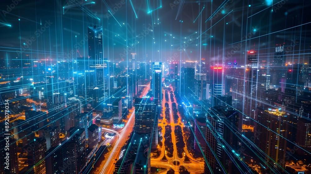 Fototapeta premium Modern city with wireless network connection and city scape concept.Wireless network and Connection technology concept with city background at night. 
