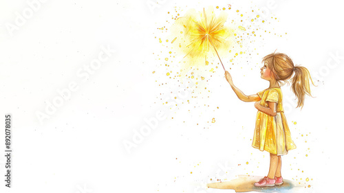 Yellow watercolor of a kid holding firework at new year celebration festival