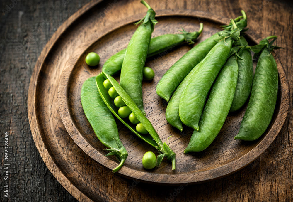 Beautiful young fresh green peas in pods on wooden plates, close-up. Rustic. Beautiful young fresh green peas in pods on wooden plates, close-up. Rustic.