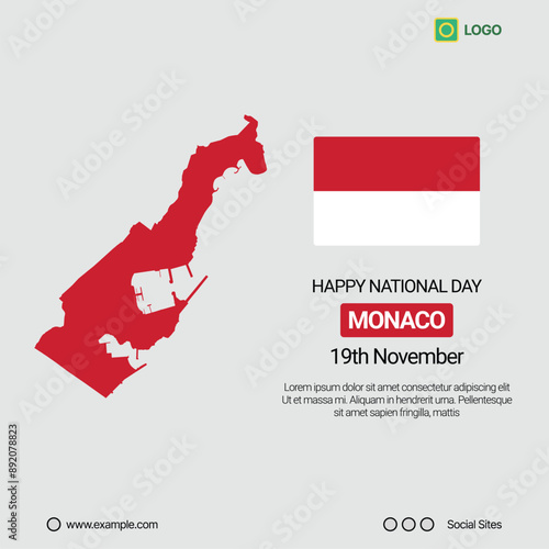 Monaco National Day Social Media Banner, Editable Vector Design with Map and Flag