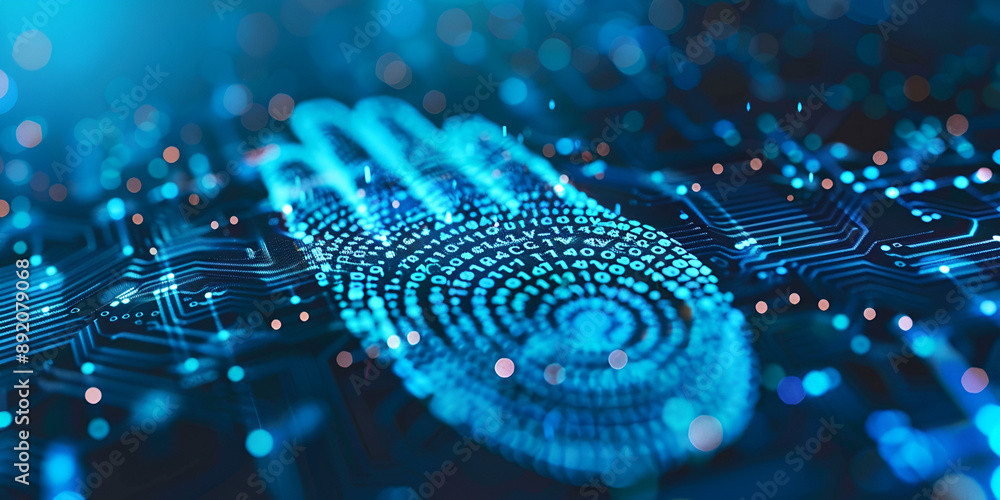 Digital Handprint on Circuit Board Representing Biometric Security and Advanced Digital Identification Technology Digital Handprint on Circuit Board Representing Biometric Security and Advanced Digital Identification Technology