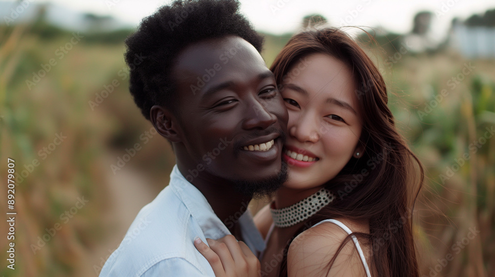 Obraz premium Interracial couple embracing and laughing in a sunlit outdoor setting.