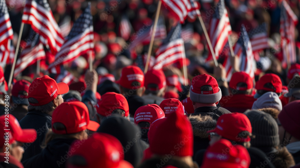 Fototapeta premium Large Political Rally with Red Caps and USA Flags in the Hands of American Patriots