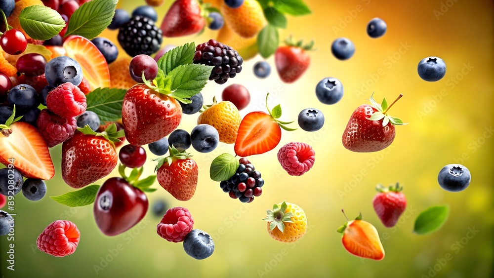 Summer Fruits and Berries in Flight: A Vibrant Burst of Health Generative AI-generated design Summer Fruits and Berries in Flight: A Vibrant Burst of Health Generative AI-generated design