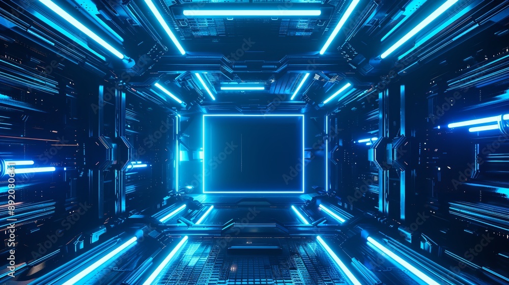 3D rendering of sci-fi stretch background with geometric tunnel and neon lines, 3d rendering concept illustration 3D rendering of sci-fi stretch background with geometric tunnel and neon lines, 3d rendering concept illustration