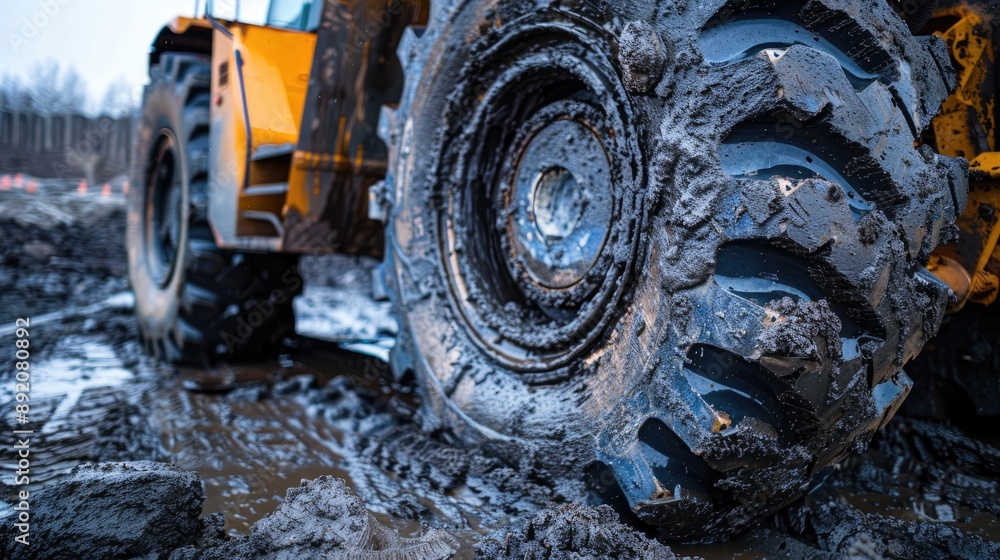 Close up view of large muddy black tire on loader Close up view of large muddy black tire on loader