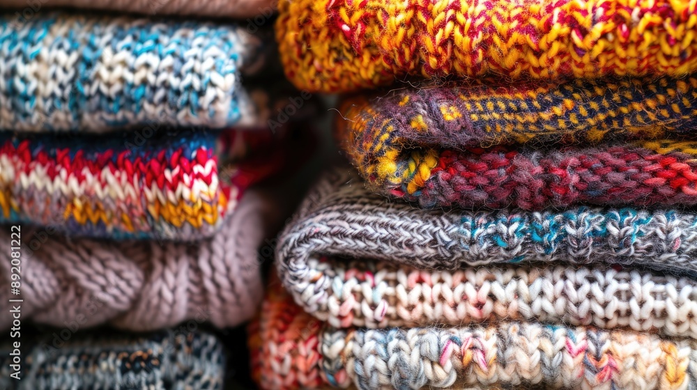 Multicolored knitted sweaters in varied patterns stacked messily displaying textures Fashionable cold weather wear top view with space for text Multicolored knitted sweaters in varied patterns stacked messily displaying textures Fashionable cold weather wear top view with space for text