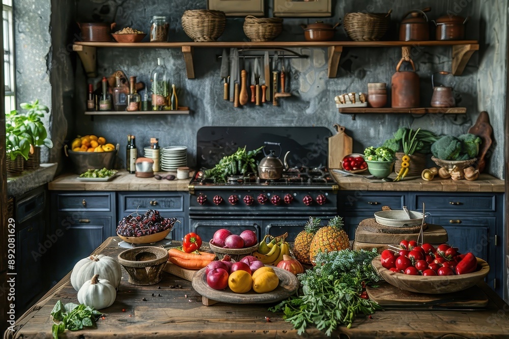 A rustic kitchen scene with organic ingredients ready for a farm-to-table meal. A rustic kitchen scene with organic ingredients ready for a farm-to-table meal.