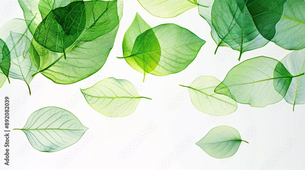 2. Detailed illustration of vibrant green leaves appearing to float on a clean white background, capturing the dynamic motion and natural beauty of each leaf with fine vein and texture details 2. Detailed illustration of vibrant green leaves appearing to float on a clean white background, capturing the dynamic motion and natural beauty of each leaf with fine vein and texture details
