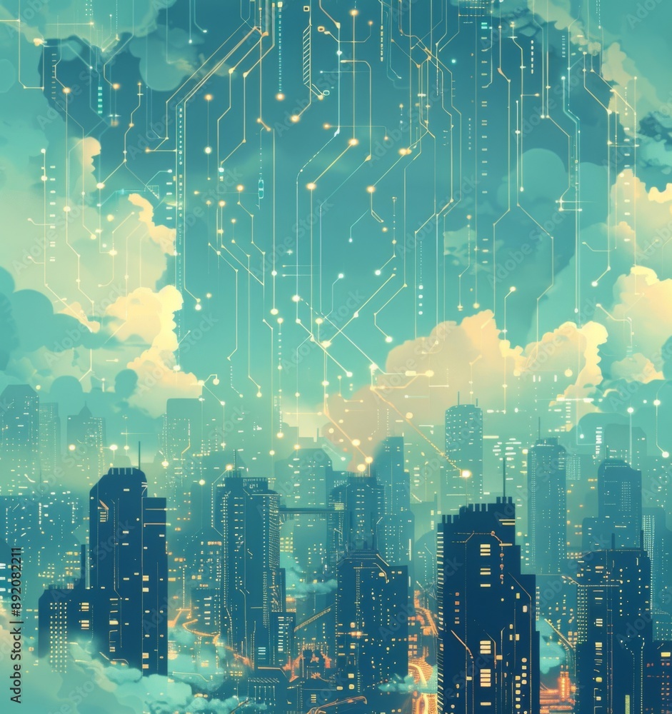 Obraz premium Futuristic Smart Cyber City illustration: Innovative Urban Landscape, futuristic technology and cyber punk concept, Graphic Resources, Wallpapers, Brochure, Websites, banner, Advertising, background