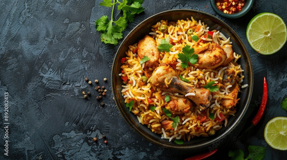 Indian Chicken Biryani in Bowl Top View Copy Space Indian Chicken Biryani in Bowl Top View Copy Space