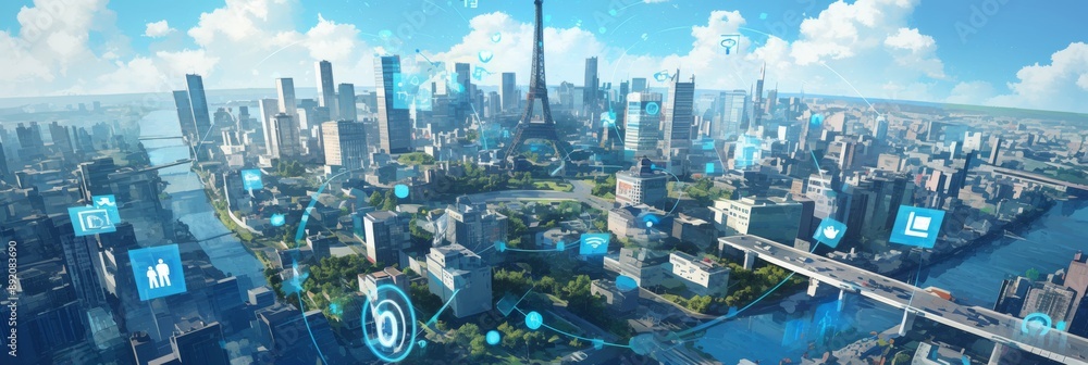 Fototapeta premium The Pulse of a Smart City: Iconic American Landmarks Encircled by IoT and Data Flows, Amplifying Connectivity and Efficiency.
