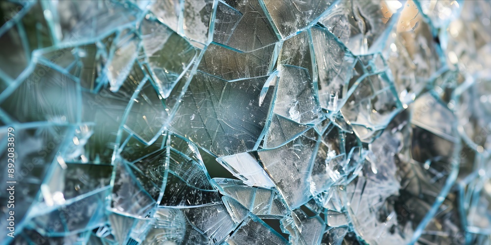 A broken glass window with shattered pieces. A broken glass window with shattered pieces.