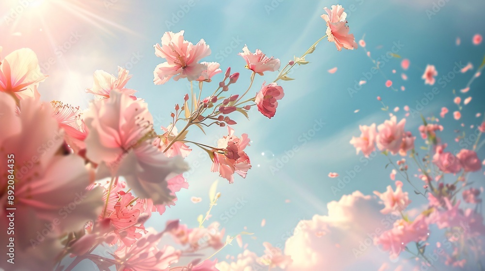 2. Delicate pastel pink blossoms carried by a gentle breeze across a vibrant blue sky, forming an enchanting floral arrangement perfect for a summer-themed background 2. Delicate pastel pink blossoms carried by a gentle breeze across a vibrant blue sky, forming an enchanting floral arrangement perfect for a summer-themed background