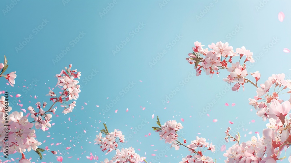 2. Delicate pastel pink blossoms carried by a gentle breeze across a vibrant blue sky, forming an enchanting floral arrangement perfect for a summer-themed background 2. Delicate pastel pink blossoms carried by a gentle breeze across a vibrant blue sky, forming an enchanting floral arrangement perfect for a summer-themed background