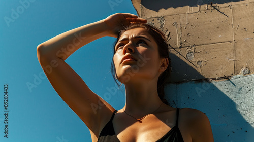 A Western woman protects her eyes and face from bright sunlight. She has trouble staying comfortable in hot weather. heat wave