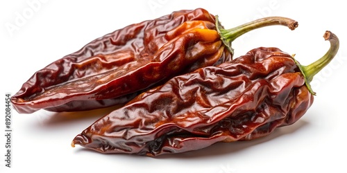 Pair of smoked Mexican chile chipotle Morita pepper isolated on white background close up AI Generative